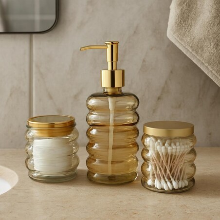 Zestaw łazienkowy szklany - dozownik, kubek i pojemnik 19x8,5 cm IMPOSTATO brzoskwiniowy