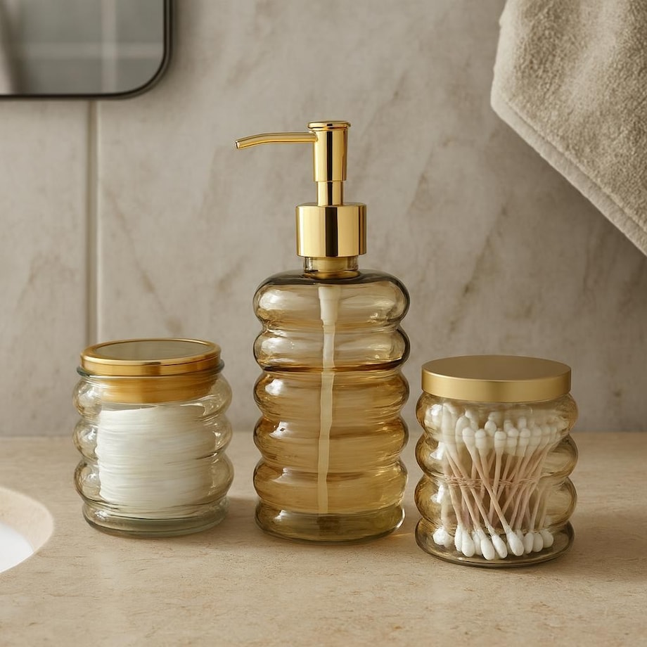 Zestaw łazienkowy szklany - dozownik, kubek i pojemnik 19x8,5 cm IMPOSTATO brzoskwiniowy