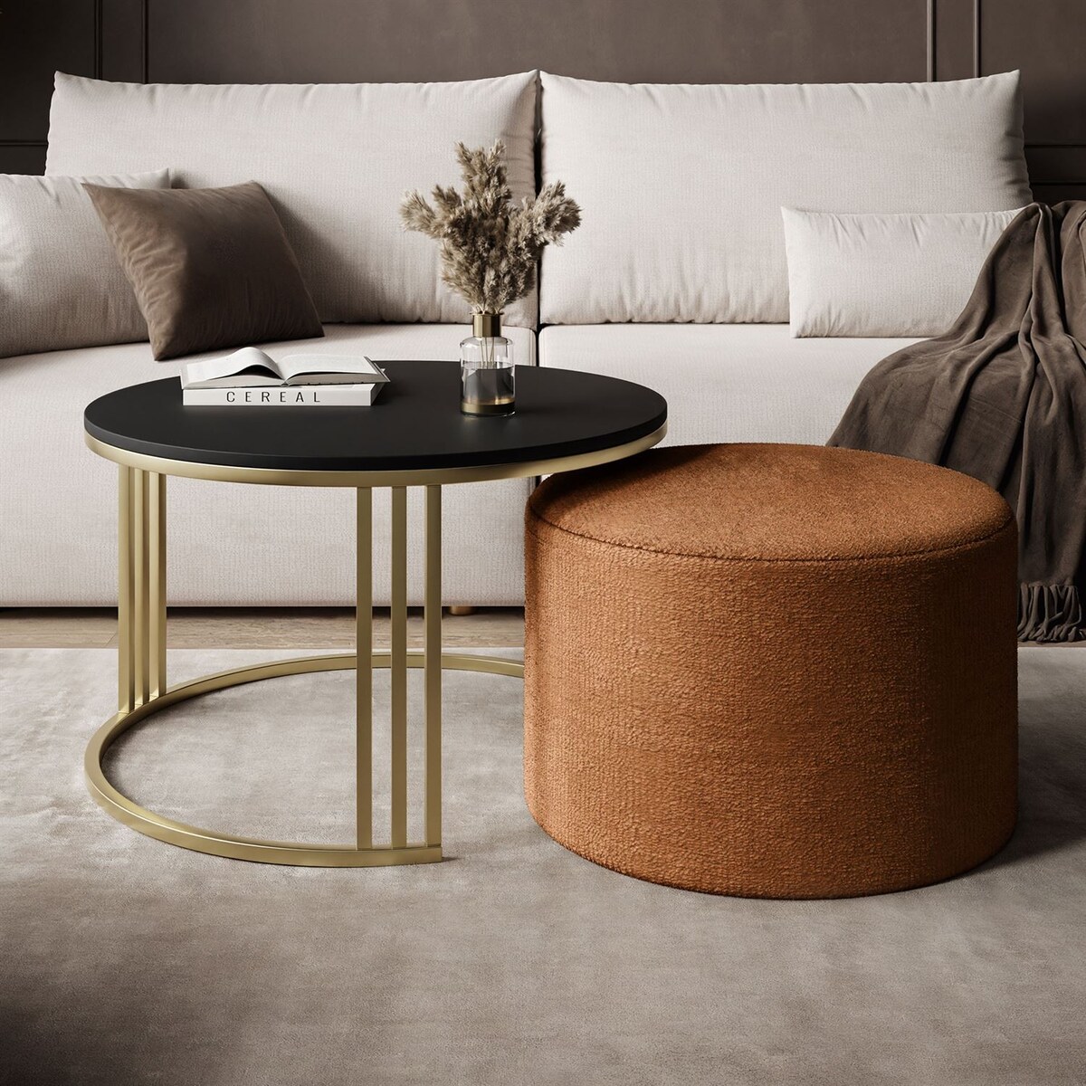 Stolik kawowy z pufą LORI MAT złoto szczotkowane, czarny mat / Perfect Harmony 52