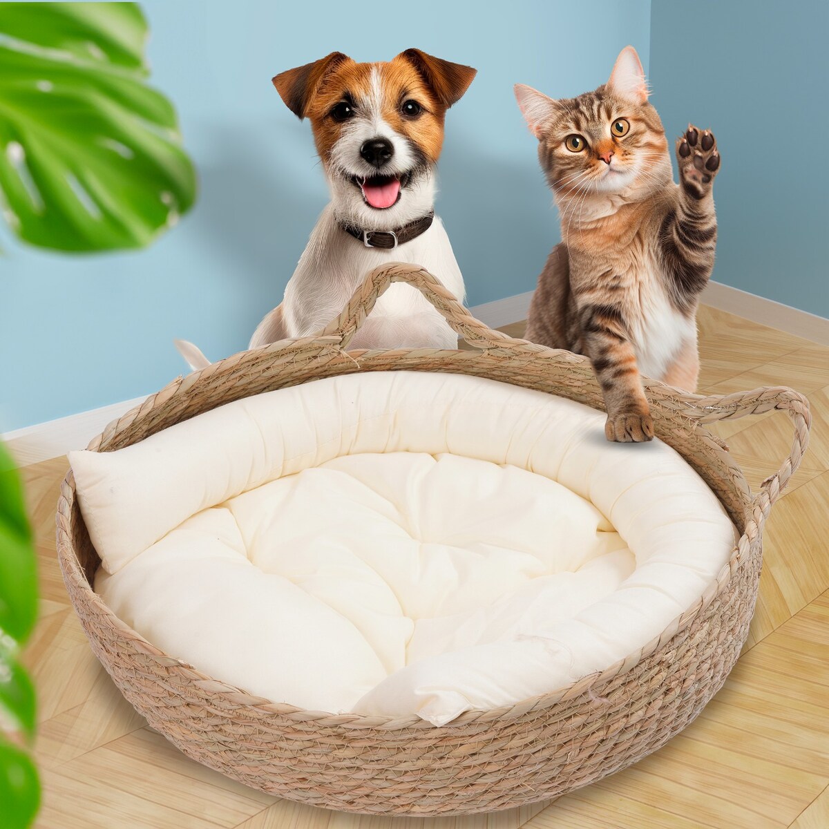 Miękkie Legowisko dla zwierząt w wiklinowym koszyku poduszka pies kot