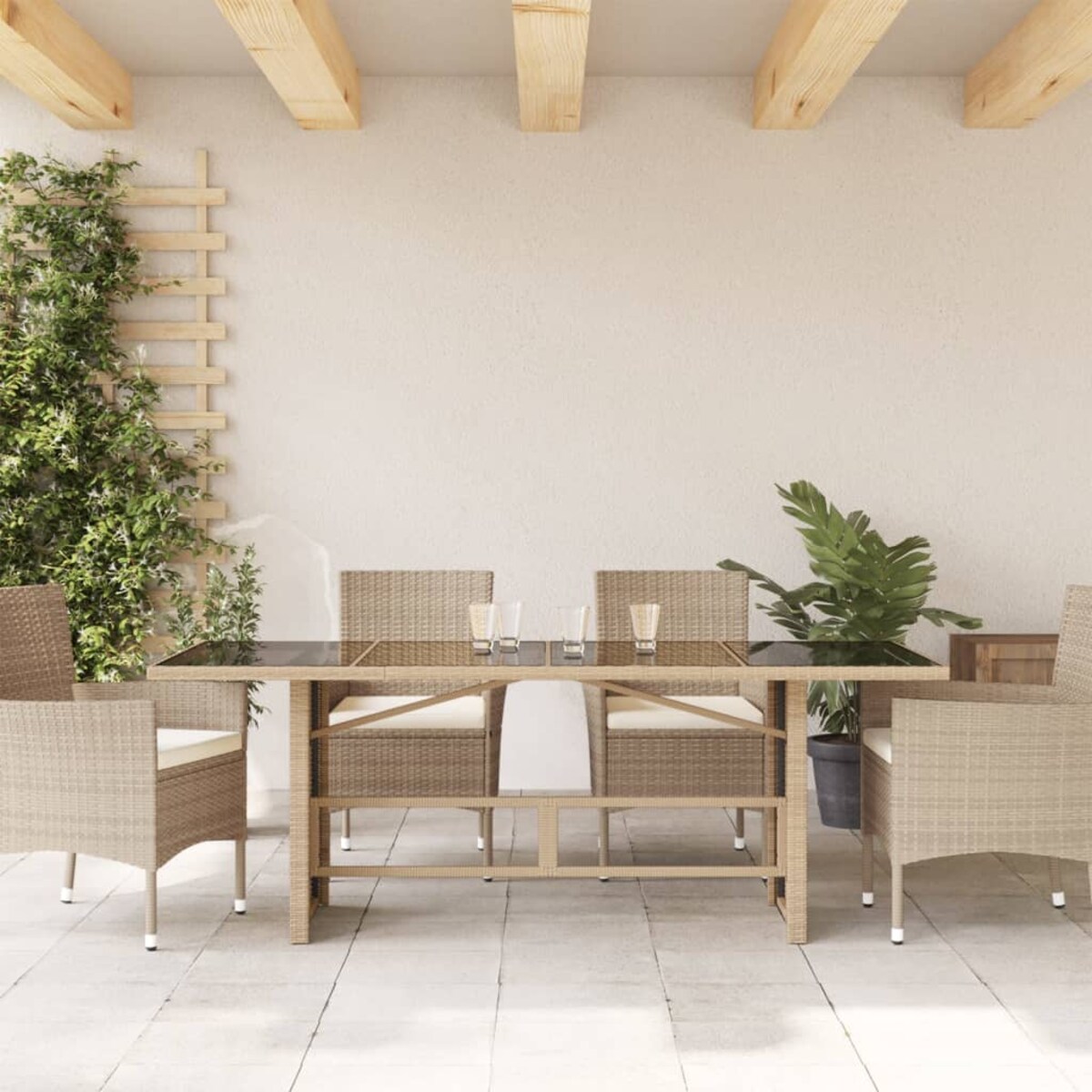 vidaXL Stół ogrodowy ze szklanym blatem, beż, 190x80x75 cm, polirattan