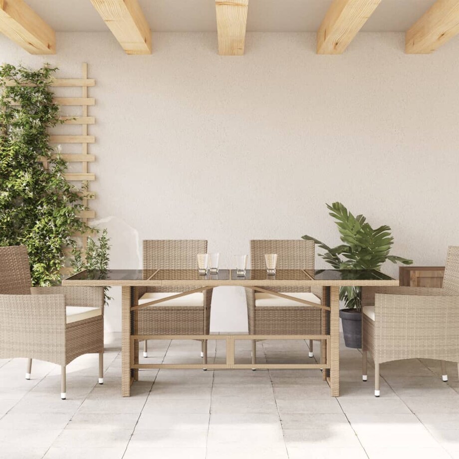 vidaXL Stół ogrodowy ze szklanym blatem, beż, 190x80x75 cm, polirattan