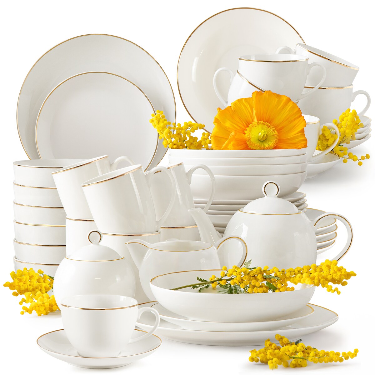 KONSIMO AD BELLA, Zestaw obiadowo-kawowo-herbaciany 6 os. (45 el.), kolor ecru/złoty
