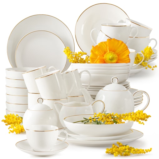 KONSIMO AD BELLA, Zestaw obiadowo-kawowo-herbaciany 6 os. (45 el.), kolor ecru/złoty