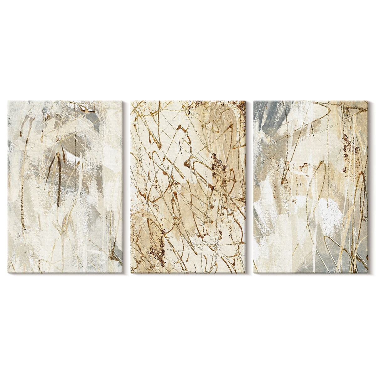 Zestaw 3 małych obrazów na płótnie - Abstrakcyjne wzory beż szarość - żółty