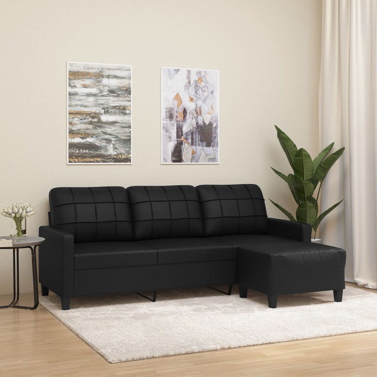 vidaXL 3-osobowa sofa z podnóżkiem, czarna, 180 cm, sztuczna skóra