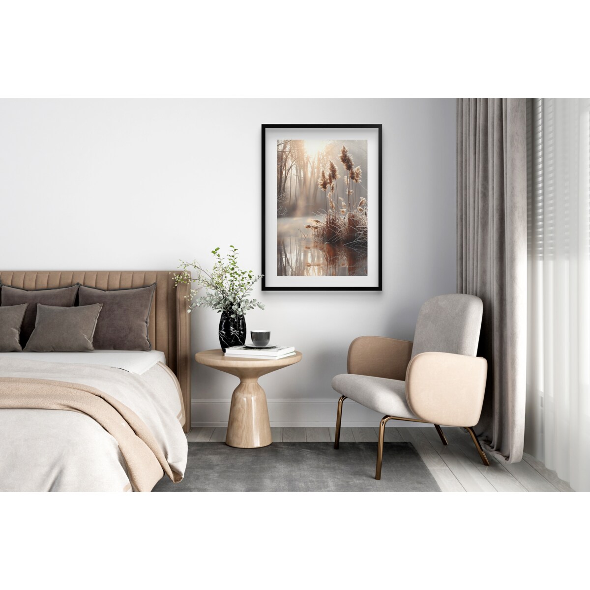 Beżowy Plakat z Trawą Obraz czarnej w ramie 50x70 Dekoracja do Salonu Biura