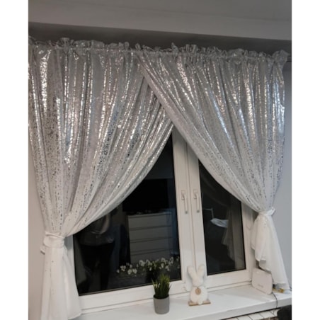 firana zakładana "srebrny deszcz" ze srebrnym printem 400x160 | biały