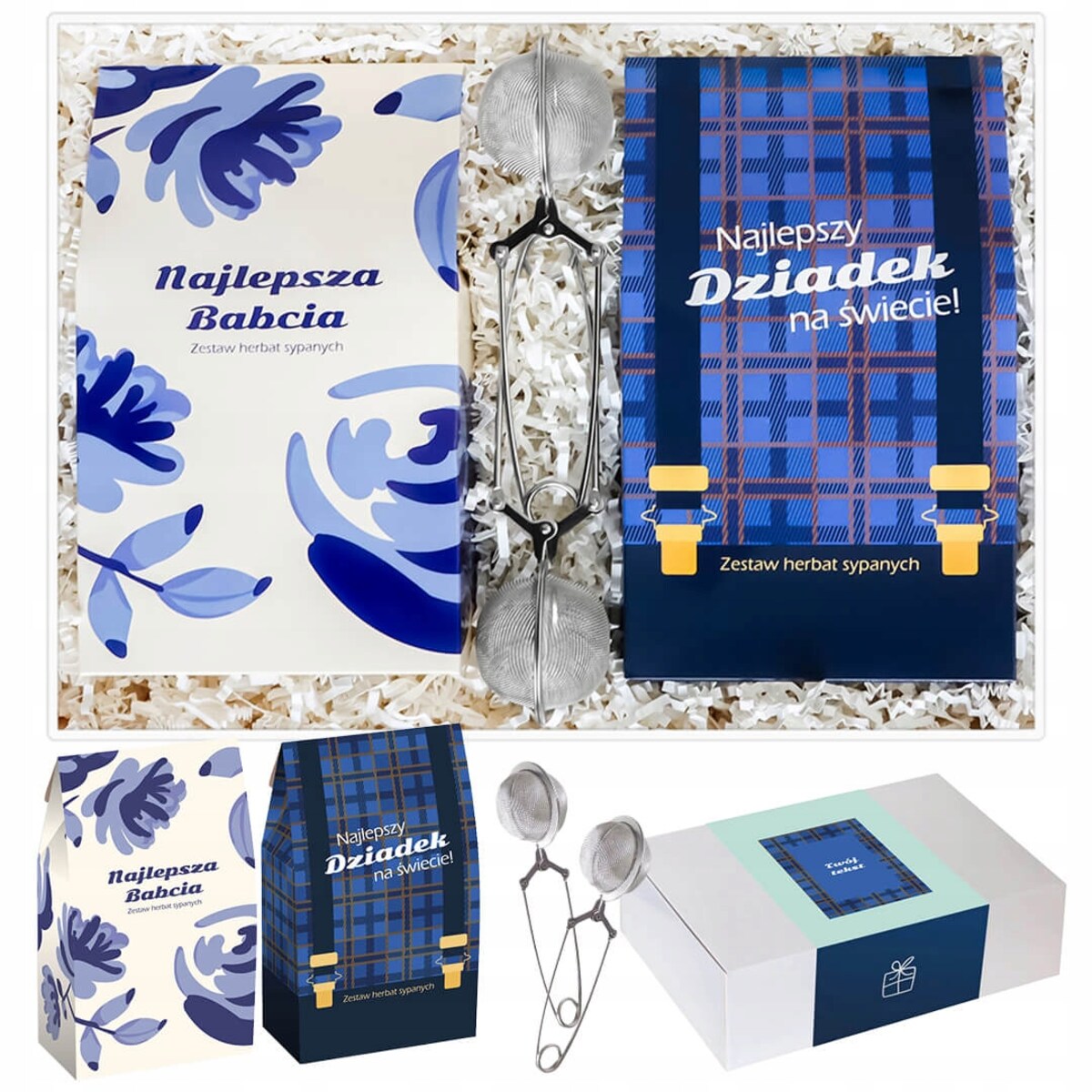 ZESTAW PREZENTOWY UPOMINKOWY BOX PREMIUM NA DZIEŃ BABCI I DZIADKA HERBATY SYPANE W SASZETKACH ZAPARZACZE UPOMINEK PREZENT DLA DZIADKÓW