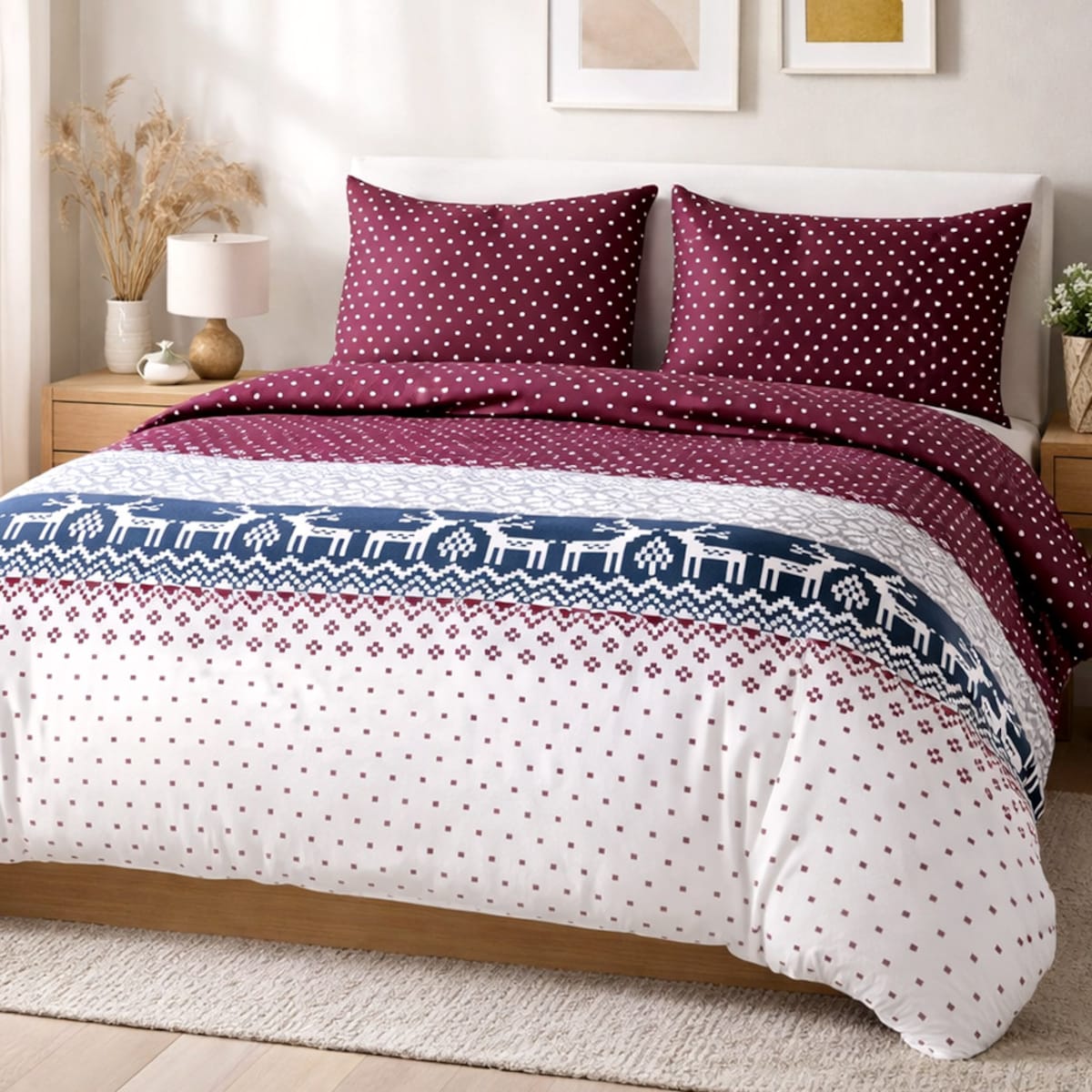 Pościel flanelowa 140x200 Arvena bordowa w renifery i kratkę, Flanelove