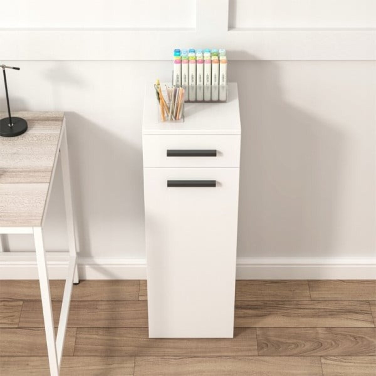 Regał biurowy z szufladą półkami słupek szafka stojąca biały loft 85 cm