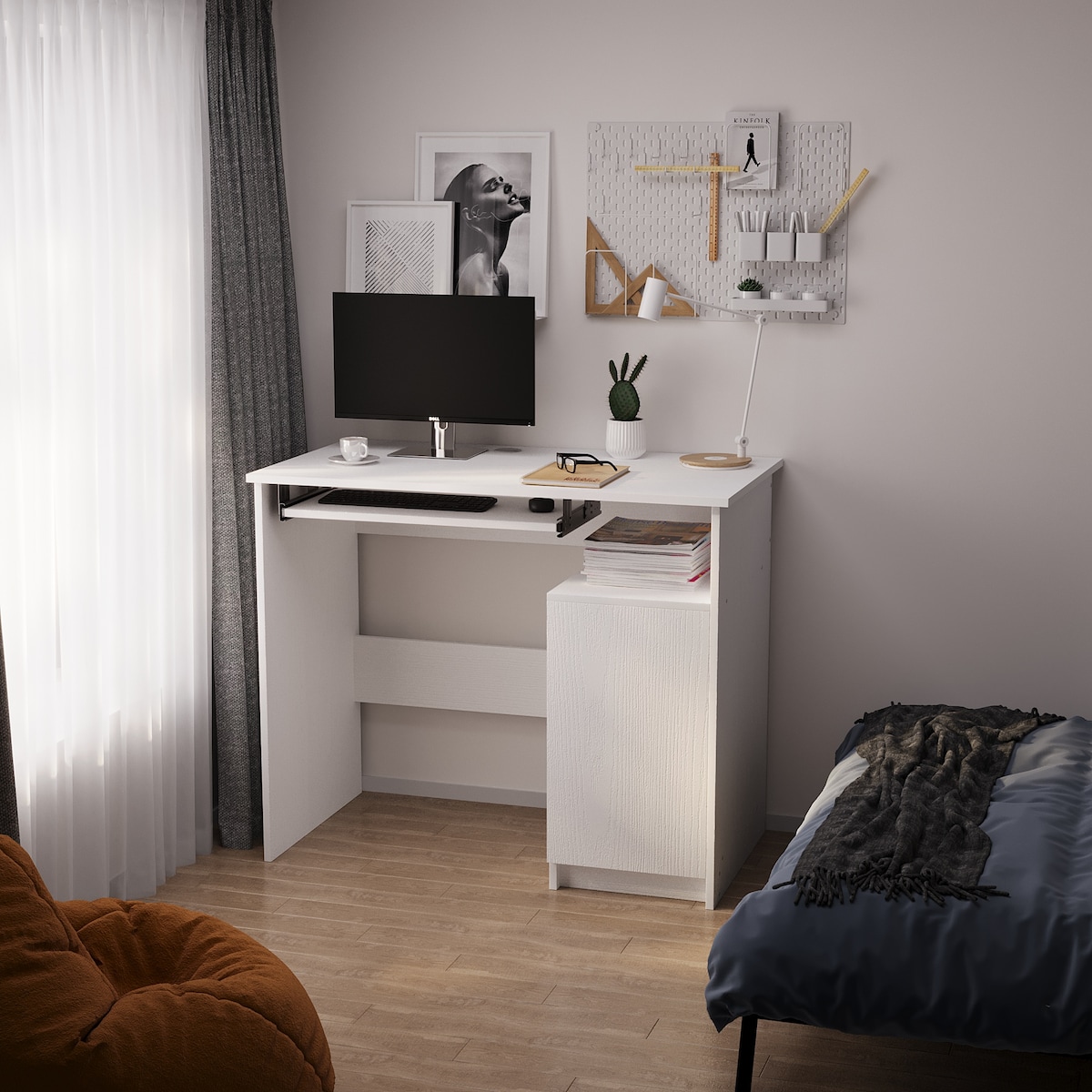 Nowoczesne biurko komputerowe z półką pod klawiaturę białe z szafką loft