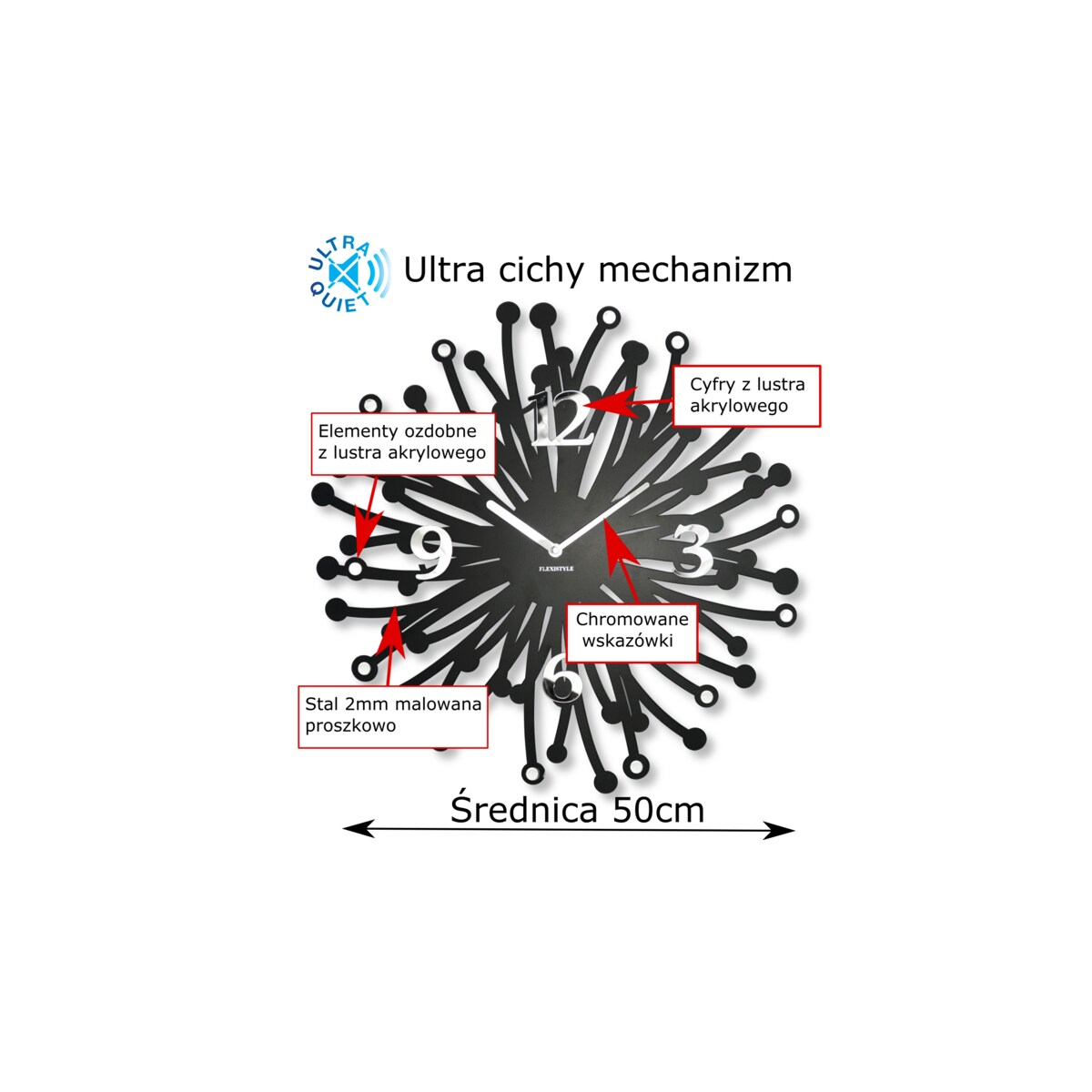 Duży metalowy zegar ścienny Finezza 50cm