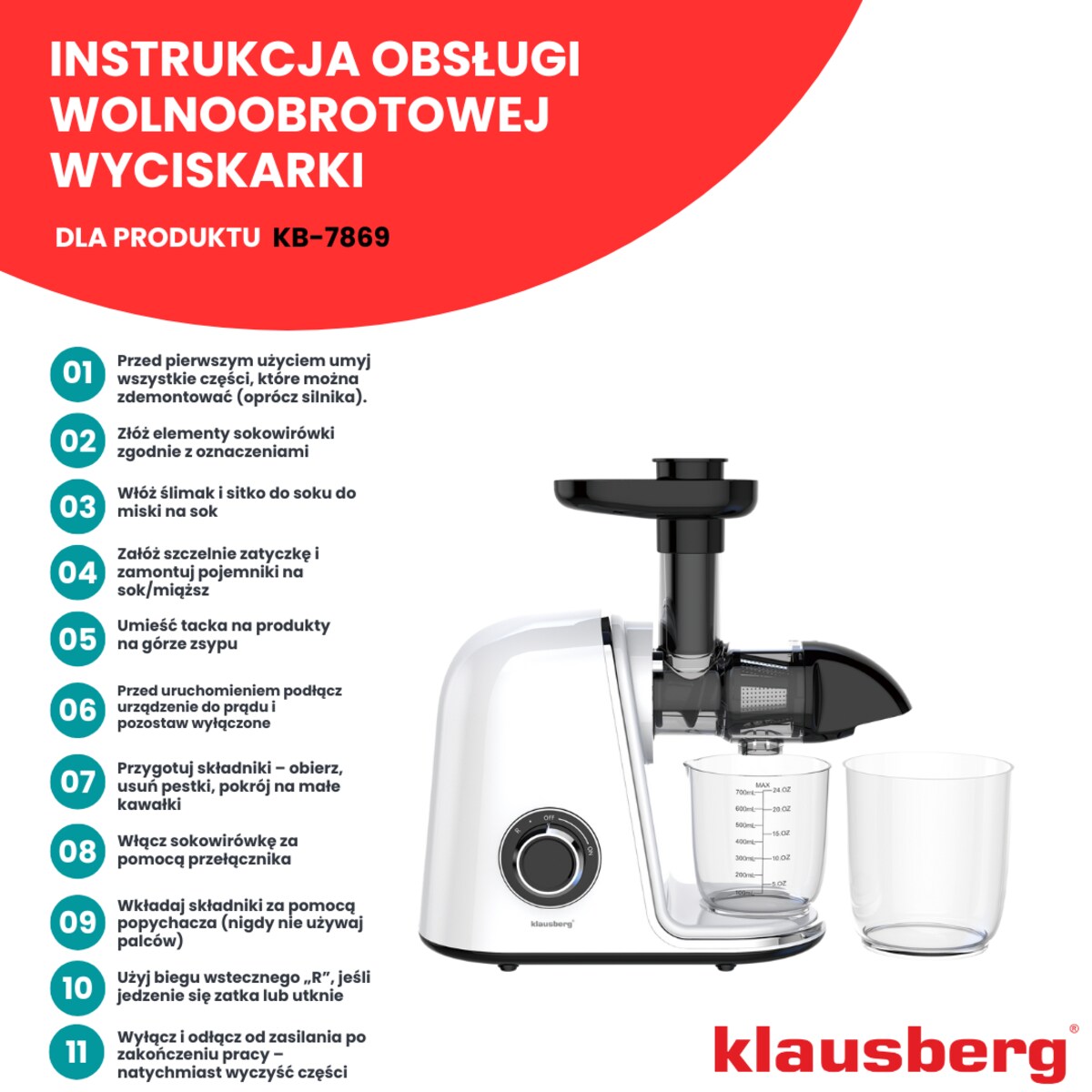 Sokowirówka wolnoobrotowa 150W do owoców i warzyw COLD PRESS KLAUSBERG KB-7869