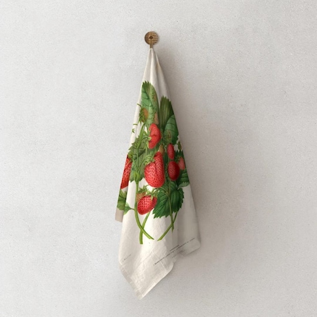 Lniany ręcznik kuchenny - Liście i truskawki