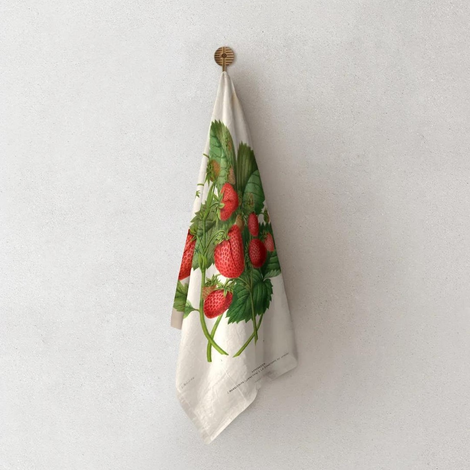 Lniany ręcznik kuchenny - Liście i truskawki