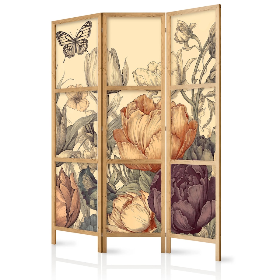 Parawan japoński Kwiaty 135x172 cm 3-częściowy beżowy