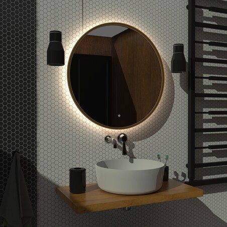 Lustro okrągłe LED z poświatą i włącznikiem – złote - 60 cm