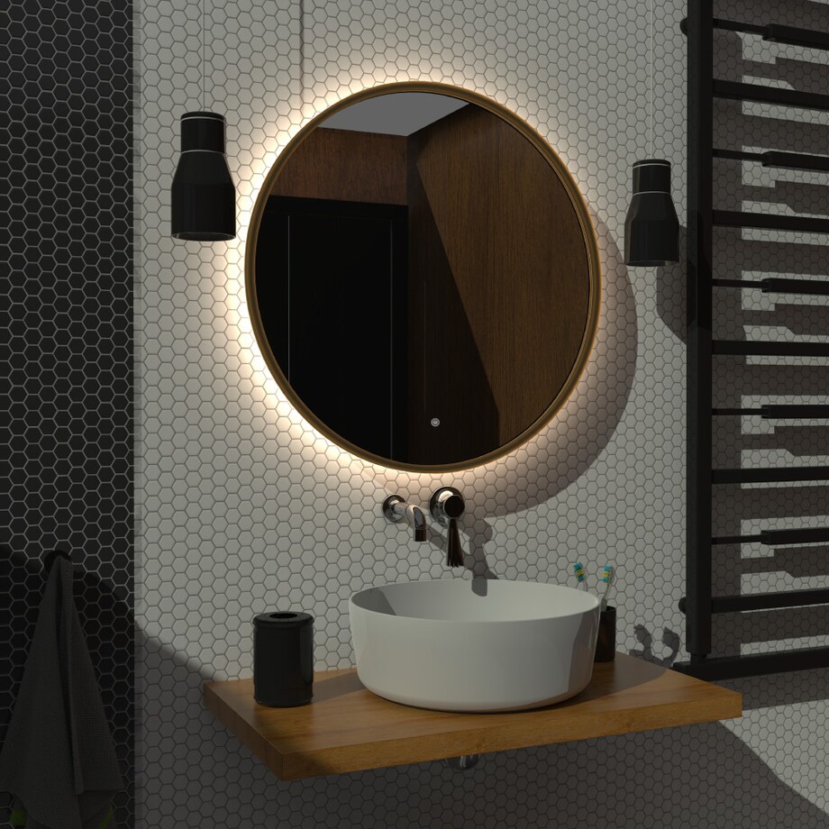 Lustro okrągłe LED z poświatą i włącznikiem – złote - 60 cm