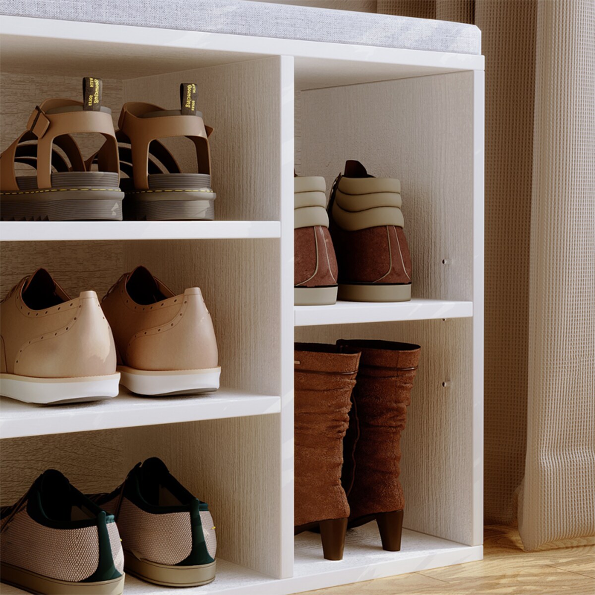 Szafka na buty z szarym siedziskiem loft biała ławka przedpokój nowoczesna