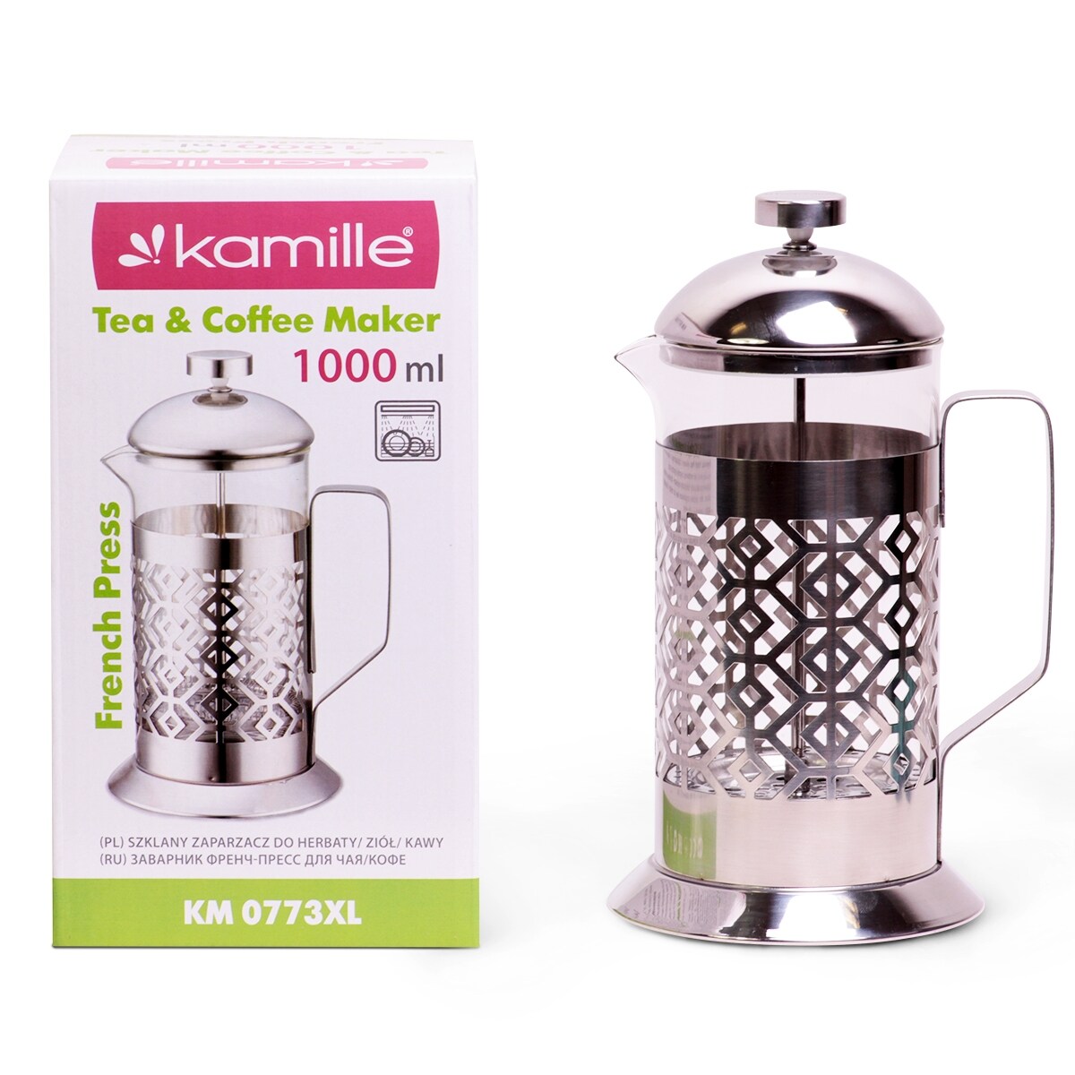 Zaparzacz szklany do herbaty kawy 1L tłokowy french press KAMILLE
