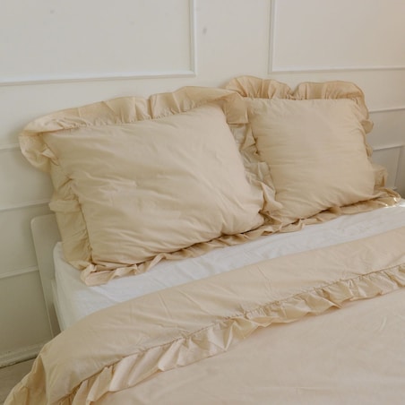 Pościel Bawełniana Z Falbanką Zestaw Komplet Do Sypialni Beżowa 160X200 Cm + 2 Poduszki 70X80 Cm