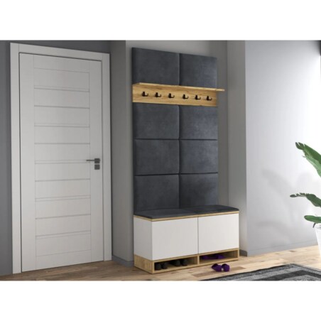 Szafka na buty z siedziskiem i wieszakiem DUBAI biała/dąb craft/szara