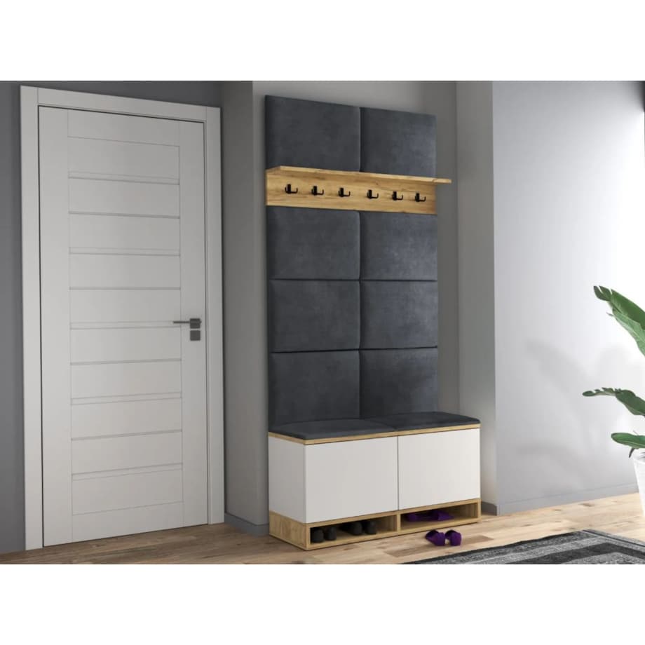 Szafka na buty z siedziskiem i wieszakiem DUBAI biała/dąb craft/szara