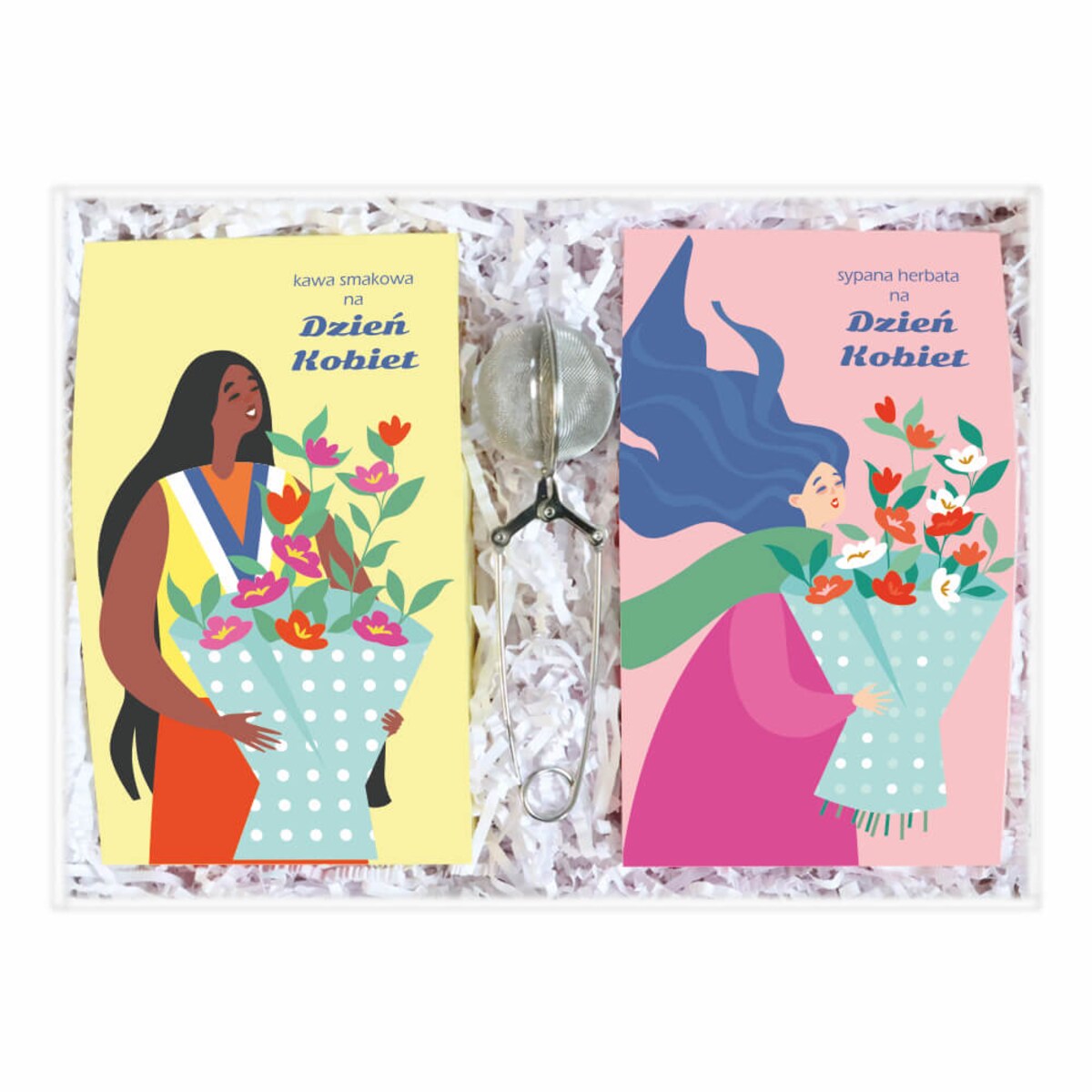 Zestaw prezentowy dla Niej. Box z kawą i herbatą na Dzień Kobiet - prezent upominek. Zestaw 10 herbat sypanych, zestaw 10 kaw smakowych oraz elegancki zaparzacz w kształcie agrafki