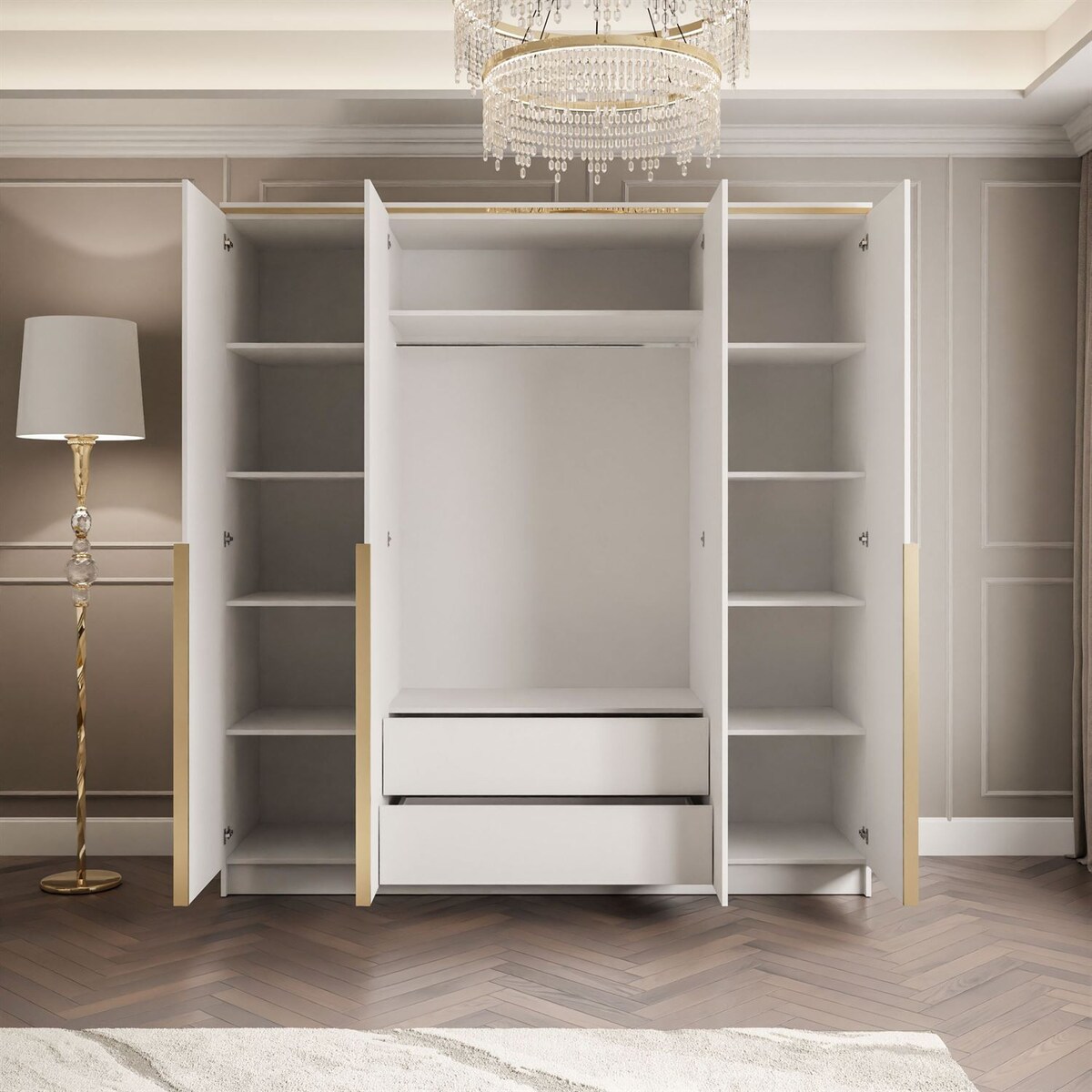 Szafa uchylna AURORA 4D w białym połysku złoty uchwyt