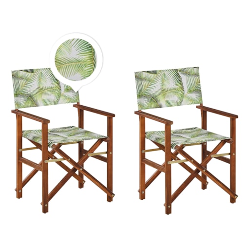 Zestaw 2 krzeseł ogrodowych akacjowy ciemne drewno z szarym / wzór w tropikalne liście CINE