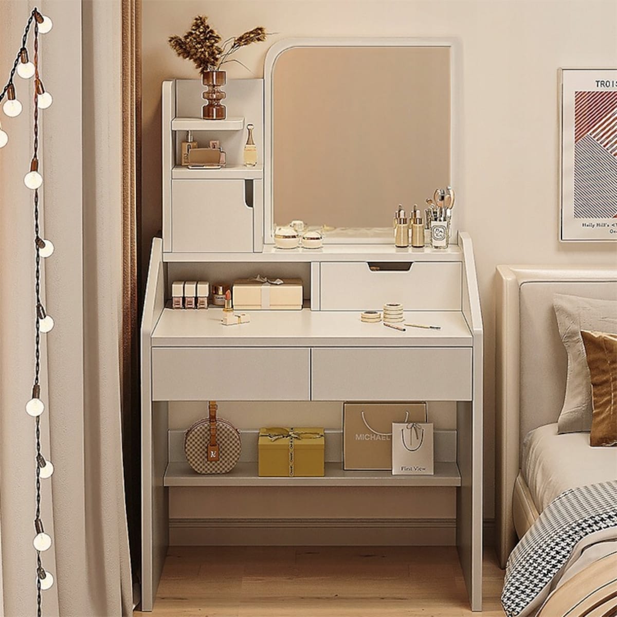Toaletka z lustrem biała do makijażu glamour z szufladami styl skandynawski