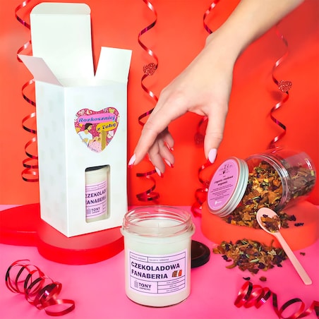 Gotowy zestaw prezentowy Rozkoszniej z Tobą herbata smakowa sypana PREMIUM świeca sojowa prezent upominek na Walentynki dla kobiety żony dziewczyny