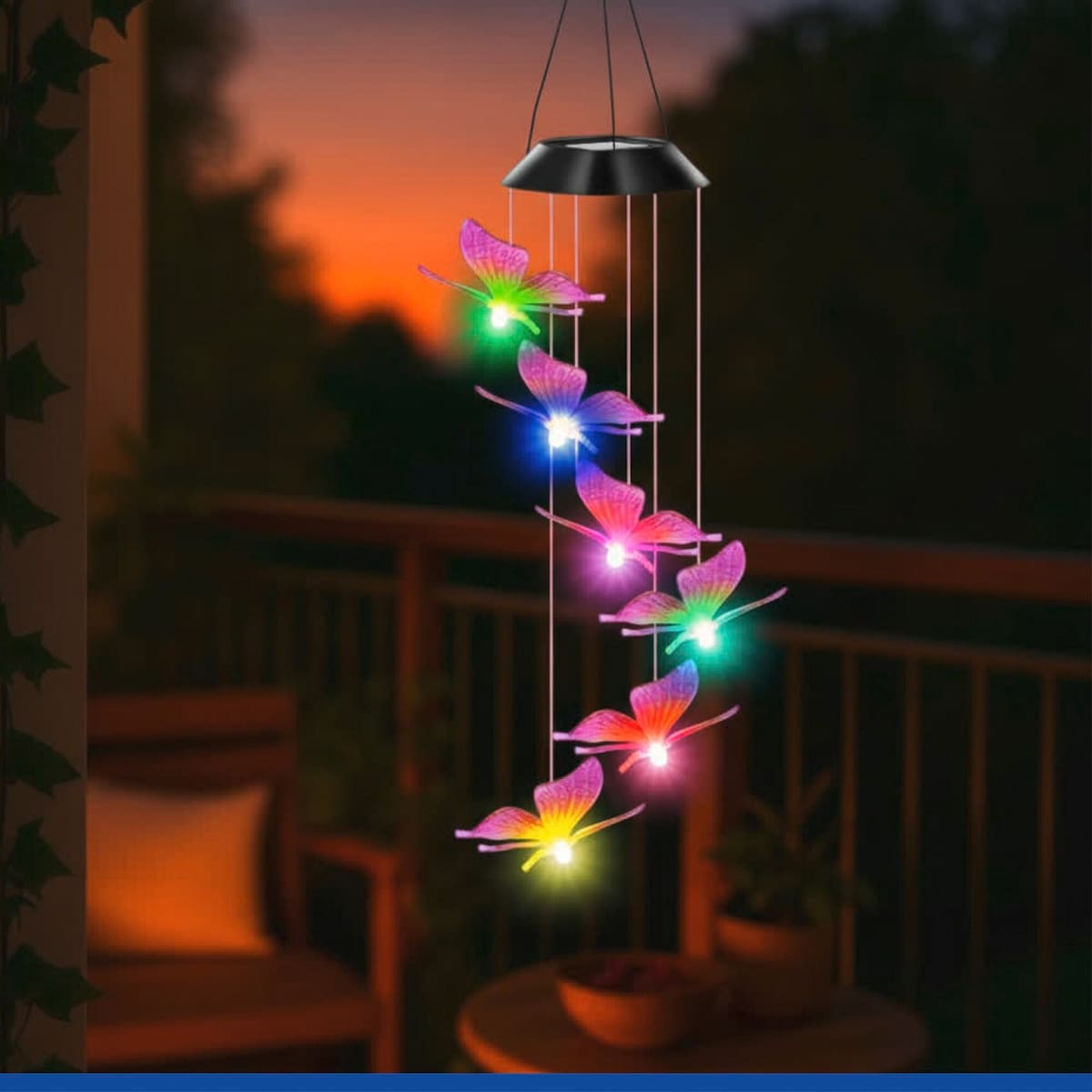 Lampa solarna wisząca, motyle LED, dzwonek wietrzny, 78 cm