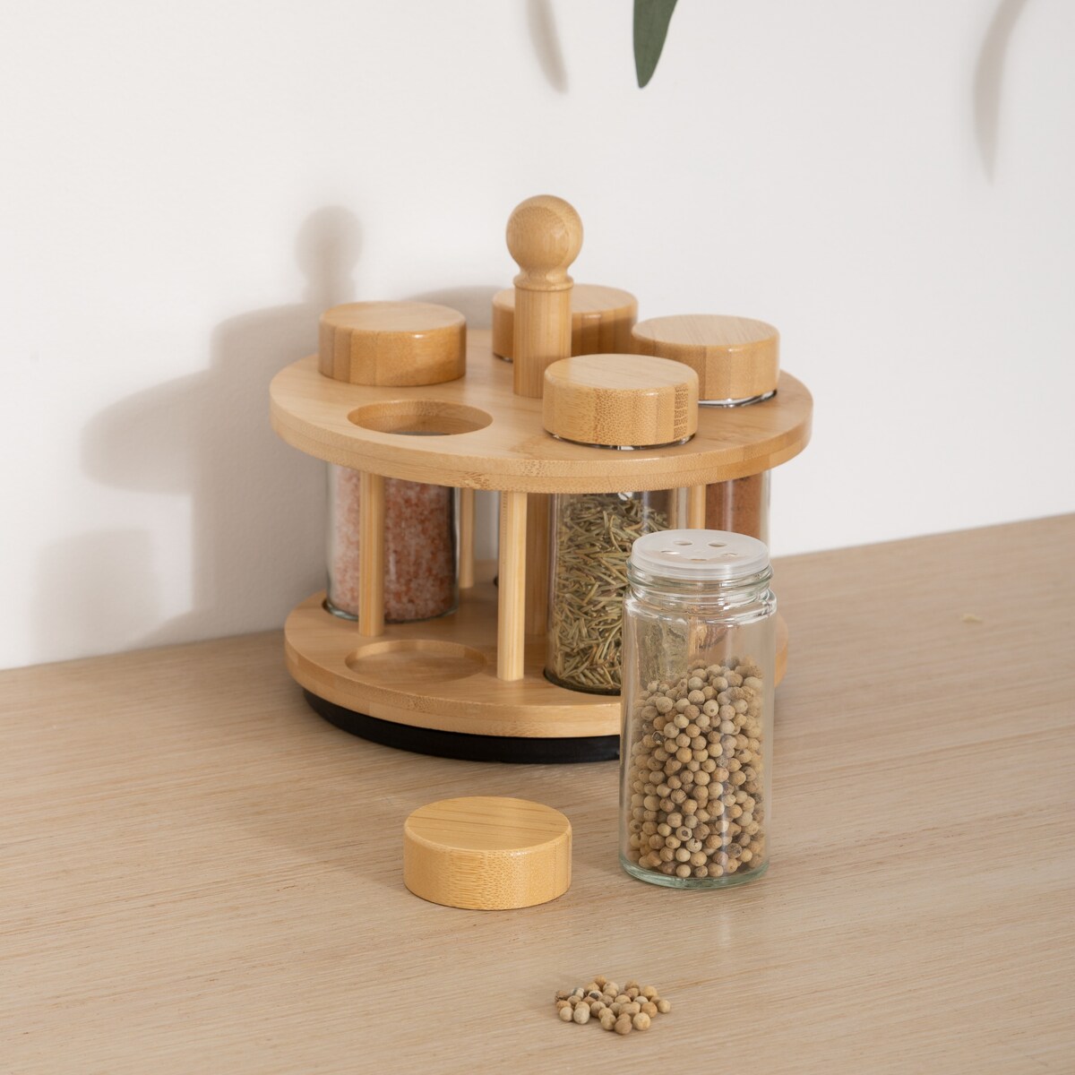 Obrotowy pojemnik na przyprawy COZY, 4 szklane słoiczki