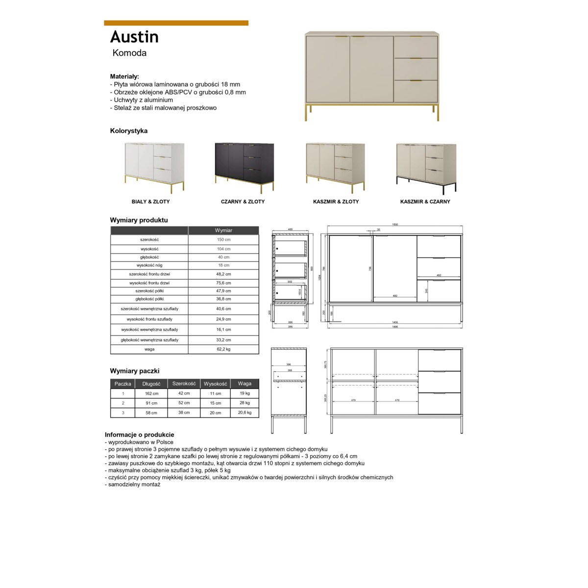 Komoda Austin biała & złota