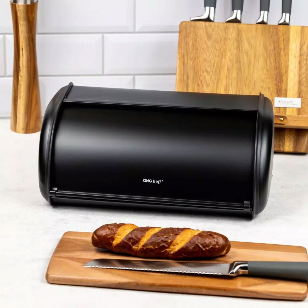 Chlebak stalowy mały 36cm czarny matowy pojemnik na chleb pieczywo bułki KINGHOFF