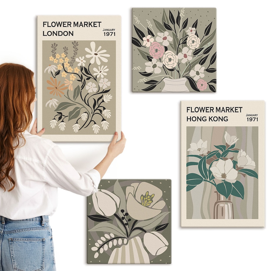 Zestaw 4 obrazów na płótnie - Kwiatowe ilustracje Londyn Hongkong boho - zielony
