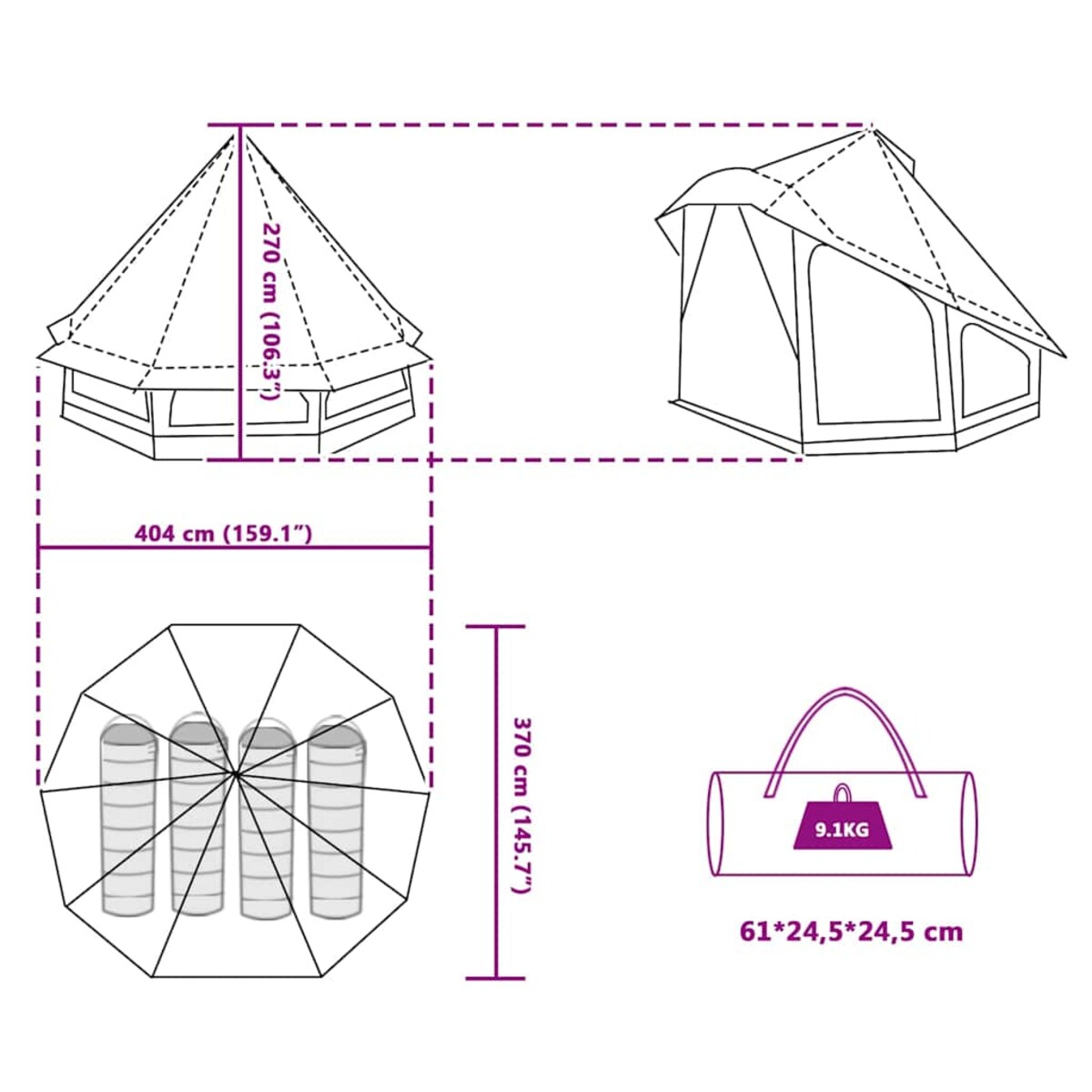 vidaXL Rodzinny namiot tipi z dachem Zielony 404 x 370 x 270 cm