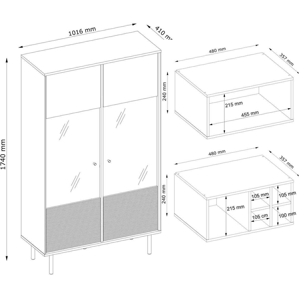 KONSIMO LOFTY Witryna na drewnianych nogach z ryflowanym przodem