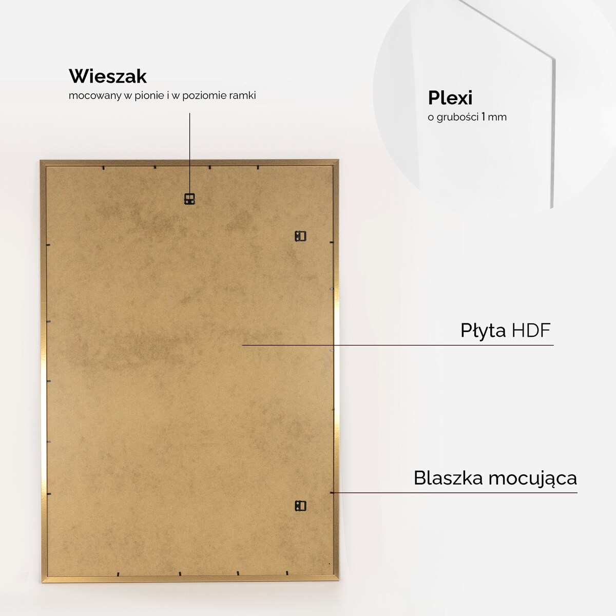 Ramka na zdjęcia 70x100 cm złota rama MDF z plexi do powieszenia pion poziom klasyczna prostokątna ramka FRAMAI®