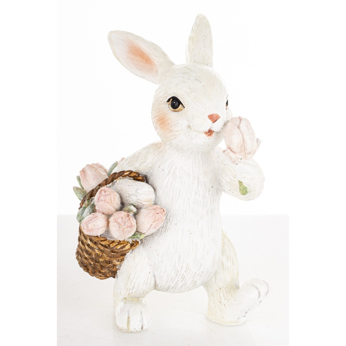 Figurka - biały królik 11x6,5x6,5 cm z koszykiem różowych tulipanów
