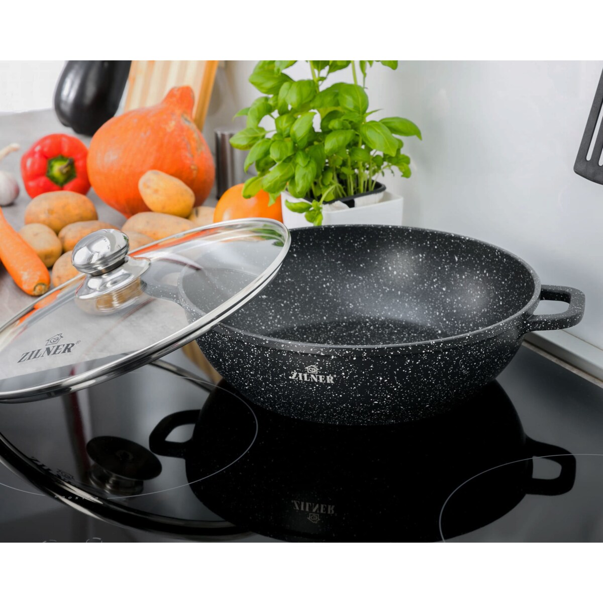 Garnek marmurkowy niski z pokrywką wok czarny 3.3L 28cm indukcja gaz ZILNER