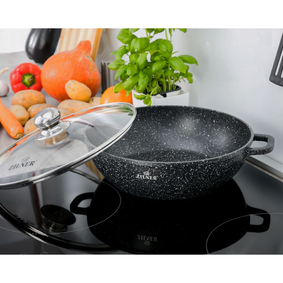Garnek marmurkowy niski z pokrywką wok czarny 3.3L 28cm indukcja gaz ZILNER