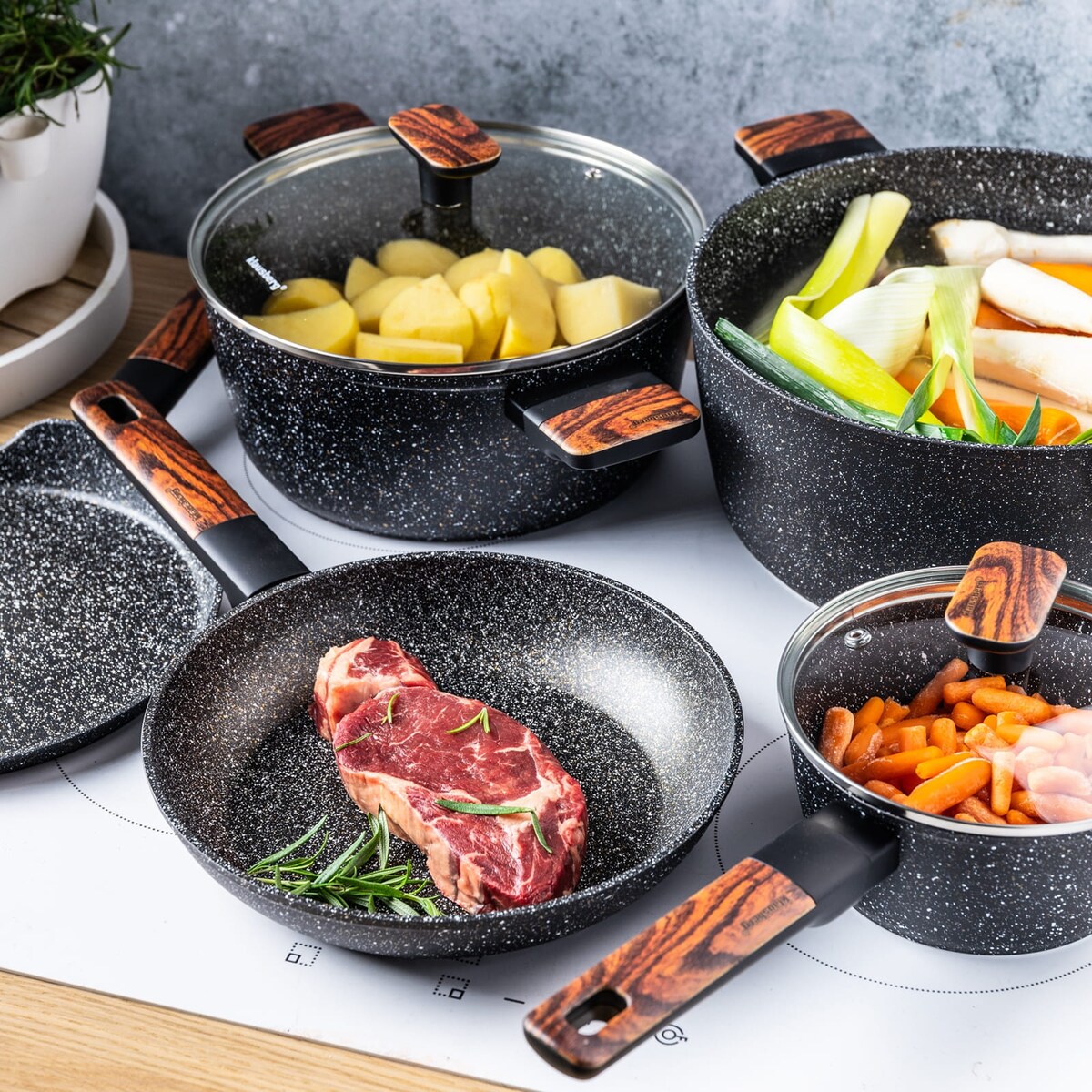 Komplet garnków z marmurkową powłoką nieprzywierającą 12-ele KLAUSBERG