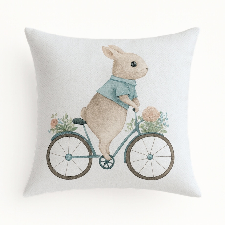 Wielkanocna poszewka dekoracyjna z weluru 45x45 Zajączek na rowerze