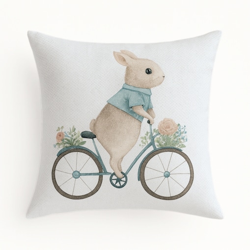 Wielkanocna poszewka dekoracyjna z weluru 45x45 Zajączek na rowerze