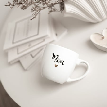 Biały Kubek Porcelanowy 300 ml - Napis Dzień Dobry Misiu ze Złotym Sercem dla Partnera na Rocznicę