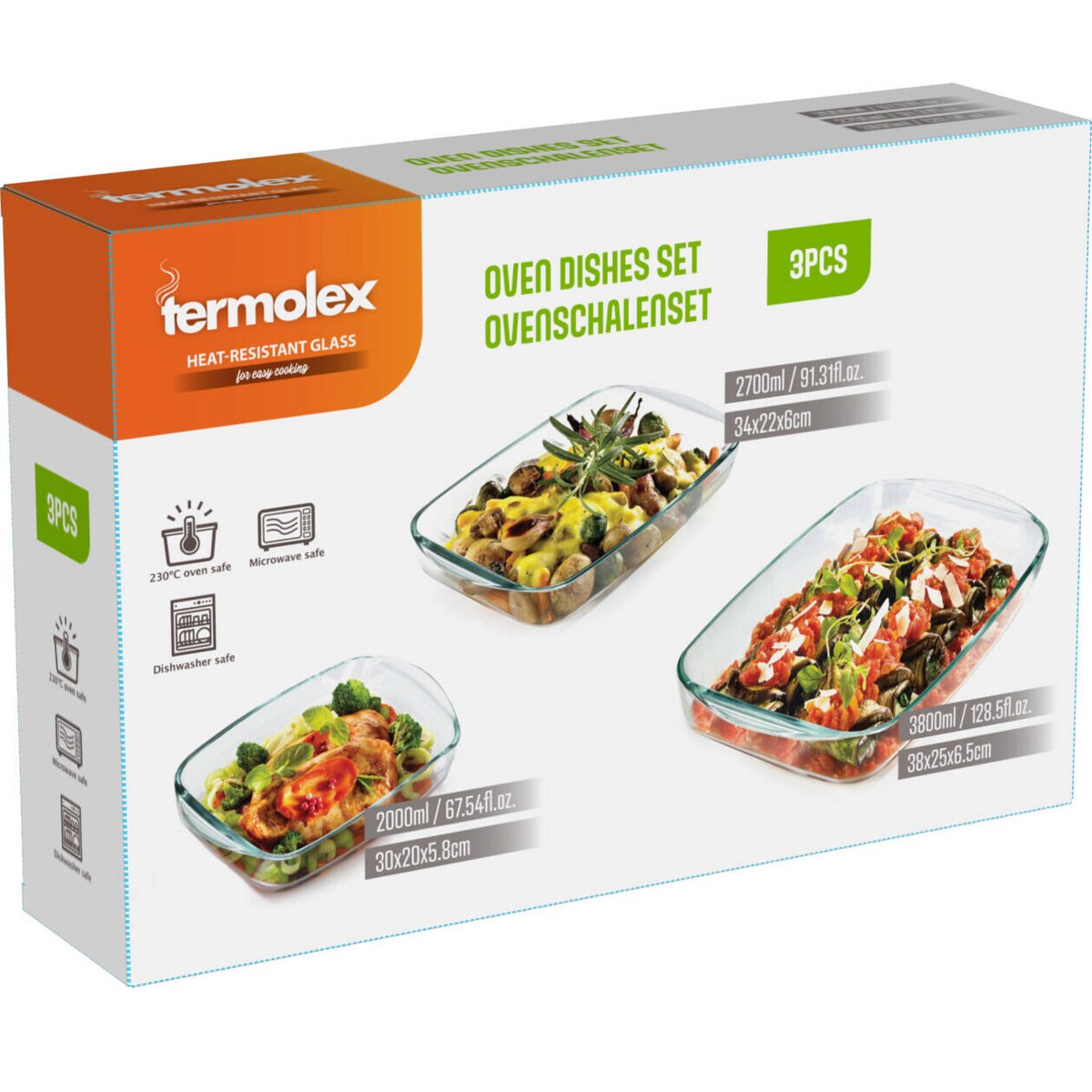 Naczynia do zapiekania z hartowanego szkła, 3 sztuki