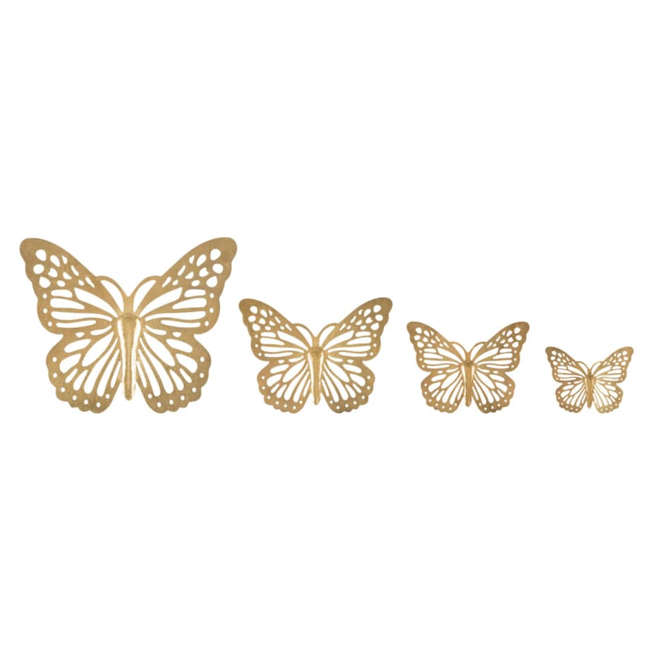 Zestaw 4 dekoracji ściennych Butterflies, kolor złoty, żelazo, wysokości 29, 19, 16 i 12 cm, motyw: motyle, do salonu i przedpokoju, Mauro Ferretti
